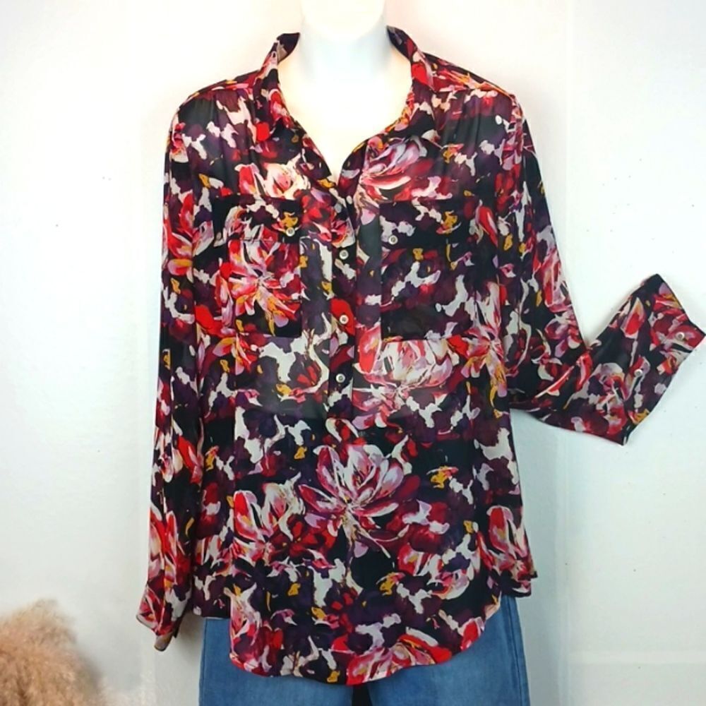 Liz Claiborne sheer floral long sleeve tunic style pullover blouse size medium